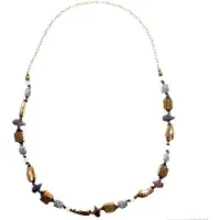 Behave Lange ketting goud kleur met paarse en houten kralen 90 cm