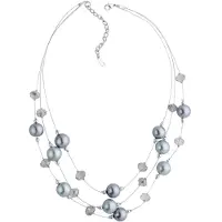 Behave Korte parel ketting dames grijs 3 rijen met facet geslepen glaskralen en glasparels – lengte 46 cm + 6 cm verlengketting