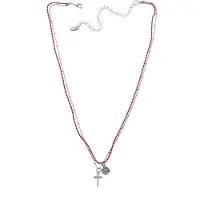 Behave Korte ketting zilverkleur met rood 42 cm lengte, metaal, 2rijen, hanger kruis + 7,5 cm verlengketting