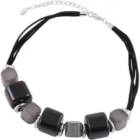 Behave - Korte ketting met koord en kunststof kralen, zwart-donker grijs - 44 cm + verlengketting