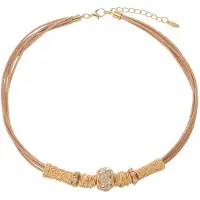 Behave - Korte ketting met 6 rijen waxkoord, licht bruin-mat goudkleur - 44 cm + verlengketting
