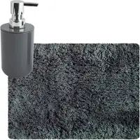 MSV badkamer droogloop tapijt/matje - Langharig - 50 x 70 cm - inclusief zeeppompje in dezelfde kleur - donkergrijs