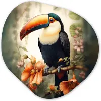 MuchoWow Organische wanddecoratie 90x90 cm - Organisch schilderij Toekan - Vogel - Bloemen - Planten - Muurdecoratie woonkamer - Kamer decoratie - Schilderijen - Muurcirkel aesthetic
