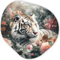 MuchoWow Organische wanddecoratie 60x60 cm - Organisch schilderij Tijger - Wilde dieren - Bloemen - Jungle - Muurdecoratie woonkamer - Kamer decoratie - Schilderijen - Muurcirkel aesthetic