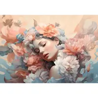 Fotobehang - Vrouw - Bloemen - Pastel - Lente - Natuur - Bladeren - Vliesbehang - 416x254cm (lxb)