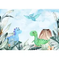 Fotobehang - Dinosaurus -T-Rex - Vulkaan - Bladeren - Lucht - Groen - Pastel - Vliesbehang - 368x254cm (lxb)