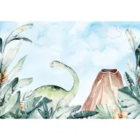 Fotobehang - Dinosaurus - Vulkaan - Bladeren - Lucht - Groen - Pastel - Vliesbehang - 152x104cm (lxb)