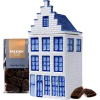Heinen Delfts Blauw Voorraadpot - grachtenpand - 20 cm hoog - droppot - drop - Delfts blauw - Hollandse cadeautjes - Holland souvenir