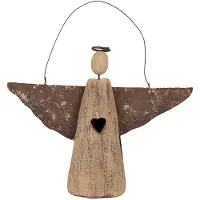 Clayre & Eef Decoratie Hanger Engel 14 cm Bruin Hout IJzer Kersthanger Bruin Kersthanger