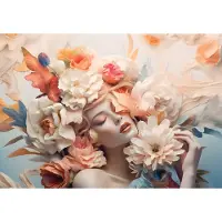 Fotobehang - Vrouw - Bloemen - Pastel - Lente - Natuur - Bladeren - Vliesbehang - 520x318cm (lxb)