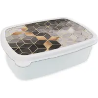 MuchoWow Broodtrommel Wit - Lunchbox Abstract - Kubus - Goud - Patronen - Zwart - Wit - Brooddoos 18x12x6 cm - Brood lunch box - Broodtrommels voor kinderen en volwassenen