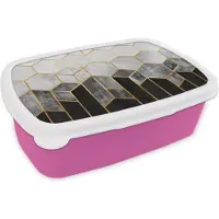 MuchoWow Broodtrommel Roze - Lunchbox Goud - Hexagon - Chic - Patronen - Luxe - Brooddoos 18x12x6 cm - Brood lunch box - Broodtrommels voor kinderen en volwassenen