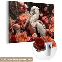 MuchoWow Glasschilderij 120x80 cm - Schilderij acrylglas - Pelikaan - Dier - Bloemen - Natuur - Botanisch - Roze - Foto op glas - Muurdecoratie woonkamer - Wanddecoratie slaapkamer - Schilderijen