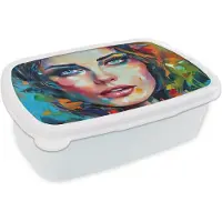 MuchoWow Broodtrommel Wit - Lunchbox Gezicht - Vrouw - Olieverf - Kleurrijk - Kunst - Brooddoos 18x12x6 cm - Brood lunch box - Broodtrommels voor kinderen en volwassenen