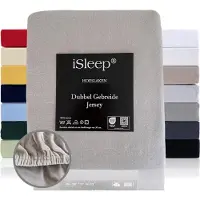 ISleep Dubbel Gebreide Jersey Hoeslaken - Hoge Hoek - Rondom Elastiek - Eenpersoons - 90/100x210/220 cm - Licht Grijs