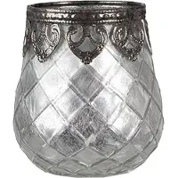 Clayre & Eef Theelichthouder Ø 9x11 cm Zilverkleurig Glas Waxinelichthouder Zilverkleurig Waxinelichthouder