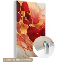 MuchoWow Glasschilderij 120x180 cm - Schilderij acrylglas - Marmer - Rood - Goud - Modern - Abstract - Foto op glas - Schilderijen
