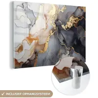 MuchoWow Glasschilderij 60x40 cm - Schilderij acrylglas - Marmer - Zwart - Goud - Wit - Foto op glas - Schilderijen