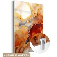 MuchoWow Glasschilderij 120x160 cm - Schilderij acrylglas - Marmer - Oranje - Goud - Modern - Abstract - Foto op glas - Schilderijen
