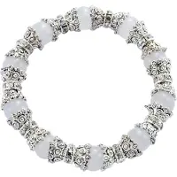 Behave - Armband - Elastische armband metaal met wit grijze opaal natuursteen kralen - 10mm, polsomtrek 16cm