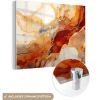 MuchoWow Glasschilderij 160x120 cm - Schilderij acrylglas - Marmer - Oranje - Goud - Modern - Abstract - Foto op glas - Schilderijen