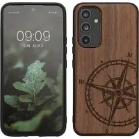 Kwmobile telefoonhoesje geschikt voorSamsung Galaxy A54 5G - Hoesje met bumper - hout - In donkerbruin Vintage Kompas design
