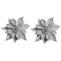 Cosy & Trendy 2x Kerstversieringen kerststerren bloemen zilver op clip - Kersthangers