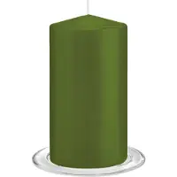 Trend Candles - Stompkaarsen met glazen onderzetters set van 2x stuks - olijfgroen 8 x 15 cm - Stompkaarsen
