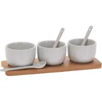 Excellent Housewares Schaaltjes - 3x - wit - porselein - op houten serveerplank - 21 cm - Amuse/tapas/saus - Kommetjes met lepeltjes