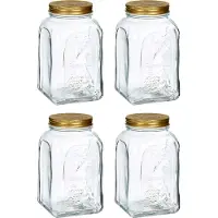 Pasabahce Voorraadpot/bewaarpot Square - 4x - glas - 1,5L - transparant/goud - D10 x H19 cm - voedsel bewaren