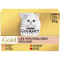 Gourmet 2x Purina Gold Mousse 12x 85gr ( zalm, kalkoen, rund en niertjes)