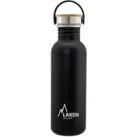 Laken RVS fles 0,75L Basic Steel Bottle Zwart - Bamboo Cap - - roestvrijstaal - waterfles - drinkfles