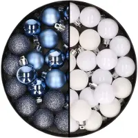 Cosy & Trendy Kleine kunststof kerstversiering 40x stuks set en 3 cm kerstballen in het wit en donkerblauw - Kerstbal
