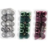 Cosy & Trendy Kleine kunststof kerstversiering 60x stuks set en 3 cm kerstballen in het zilver-aubergine-groen - Kerstbal