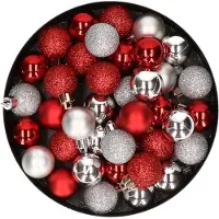 Cosy & Trendy Kleine kunststof kerstversiering 40x stuks set en 3 cm kerstballen in het zilver en rood - Kerstbal