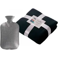 Merkloos Fleece deken/plaid - donkerblauw - 130 x 170 cm - kruik - 2 liter - Plaids
