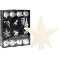 Merkloos Kerstballen en ornamenten incl. ster piek zilver/wit kunststof - Kersthangers
