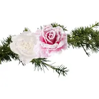 Cosy & Trendy Kerst bloemen op clip - 2x st - roze en wit - 10 cm - Kersthangers