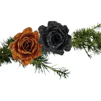 Cosy & Trendy Kerst bloemen op clip - 2x st - koper en zwart - 10 cm - Kersthangers