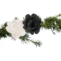 Cosy & Trendy Kerst bloemen op clip - 2x st - wit en zwart - 10 cm - Kersthangers