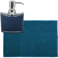 MSV badkamer droogloop mat/tapijtje - 50 x 80 cm - en zelfde kleur zeeppompje 260 ml - donkerblauw - Badmatjes