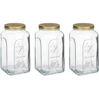 Pasabahce Voorraadpot/bewaarpot Square - 3x - glas - 3L - transparant/goud - D13 x H25 cm - voedsel bewaren - Voorraadpo