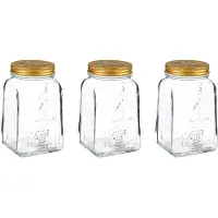 Pasabahce Voorraadpot/bewaarpot Square - 3x - glas - 1L - transparant/goud - D10 x H17 cm - voedsel - Voorraadpot