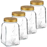 Pasabahce Voorraadpot/bewaarpot Square - 4x - glas - 1L - transparant/goud - D10 x H17 cm - voedsel - Voorraadpot