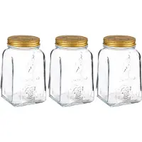 Pasabahce Voorraadpot/bewaarpot Square - 3x - glas - 1L - transparant/goud - D10 x H17 cm - voedsel - Voorraadpot
