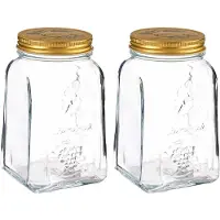 Pasabahce Voorraadpot/bewaarpot Square - 2x - glas - 1L - transparant/goud - D10 x H17 cm - voedsel - Voorraadpot