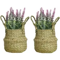 Everlands Lavendel kunstplant in rieten mand - 2x - lichtroze - D16 x H27 cm - Kunstplanten