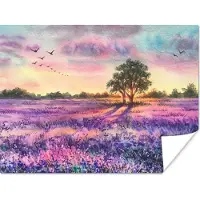 PosterMonkey Poster Lavendel - Verf - Vogels - Bomen - Paars - 80x60 cm