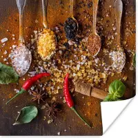 PosterMonkey Poster Lepels - Kruiden - Chilipeper - Specerijen - Zout - 100x100 cm XXL