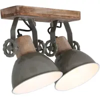 Steinhauer Plafondspot Gearwood, groen, 2-lamps, metaal, hout, E27 dimbaar, groen, Woon-/ Eetkamer, Hout, Vintage, buitenspot